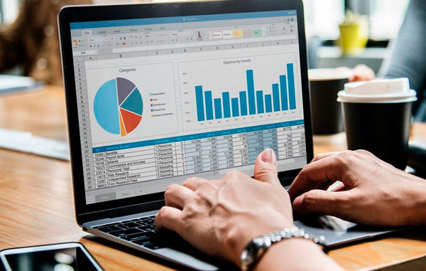Persona trabajando en una hoja de cálculo con gráficos de datos en Excel, representando el uso de herramientas Office.