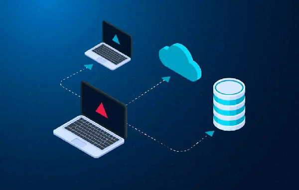Arquitectura de conexión de datos y ultra baja latencia Infografía de baja latencia en datacenter: comparación de conexión rápida vía cloud (azul) y conexión lenta/con fallo (rojo) a base de datos.