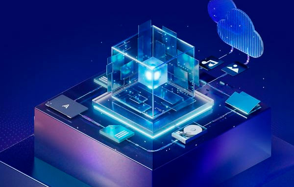 Plataforma Robusta de Servidores Virtuales y Disponibilidad Continua plataforma central de procesamiento de datos, con elementos de hardware y conexión cloud, simbolizando robustez y confiabilidad.